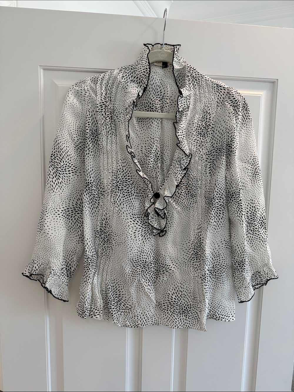 Boheme Black and White Ruffle V-Neck Blouse with Button